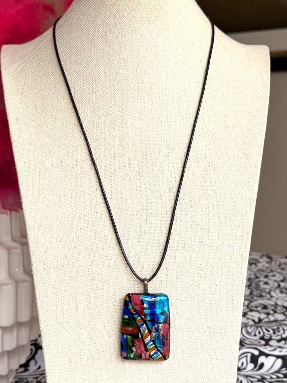 Art Glass Multicolor Foil Pendant Black Wax Cord Necklace Artisan